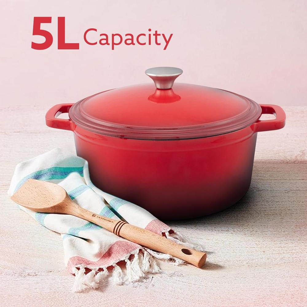 AGARO Royal Enamelled Cast Iron 5L Casserole with Lid, Cooking Pot, No Chemical Coating, Fast Heat, Heavy Weight, Gas & Induction Oven Compatible, for Meat, Dal, Curry, Biryani, Pulao, Red 34264
