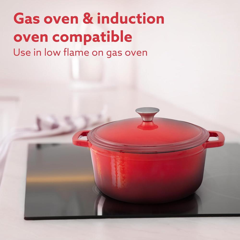 AGARO Royal Enamelled Cast Iron 5L Casserole with Lid, Cooking Pot, No Chemical Coating, Fast Heat, Heavy Weight, Gas & Induction Oven Compatible, for Meat, Dal, Curry, Biryani, Pulao, Red 34264
