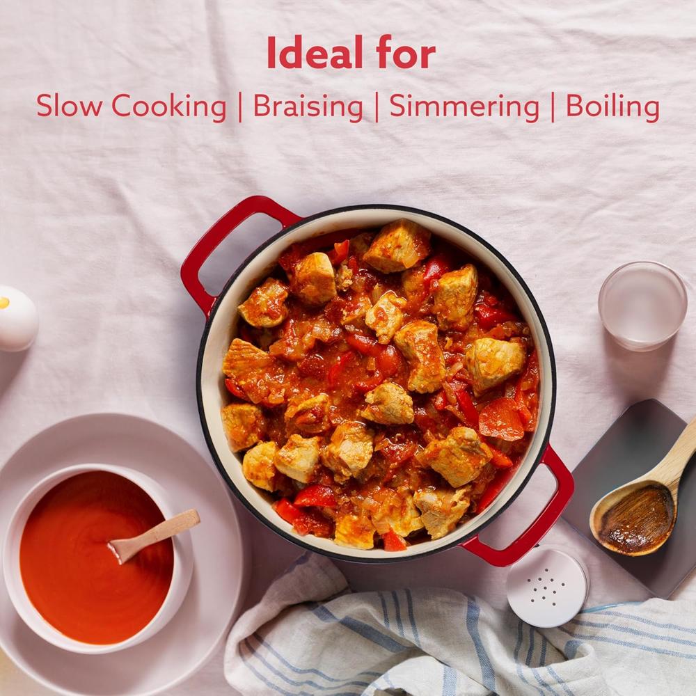 AGARO Royal Enamelled Cast Iron 5L Casserole with Lid, Cooking Pot, No Chemical Coating, Fast Heat, Heavy Weight, Gas & Induction Oven Compatible, for Meat, Dal, Curry, Biryani, Pulao, Red 34264