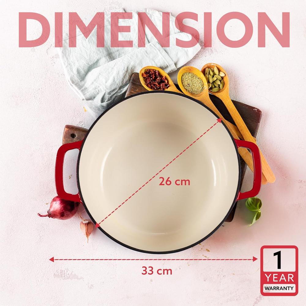 AGARO Royal Enamelled Cast Iron 5L Casserole with Lid, Cooking Pot, No Chemical Coating, Fast Heat, Heavy Weight, Gas & Induction Oven Compatible, for Meat, Dal, Curry, Biryani, Pulao, Red 34264