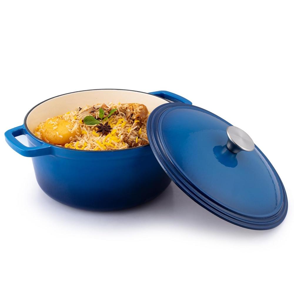AGARO Royal Enamelled Cast Iron Casserole with Lid, Cooking Pot, No Chemical Coating, Fast Heat, Heavy Weight, Gas, Induction Oven Compatible, for Meat, Dal, Curry, Biryani, Pulao, Blue, 5 Liters 34265