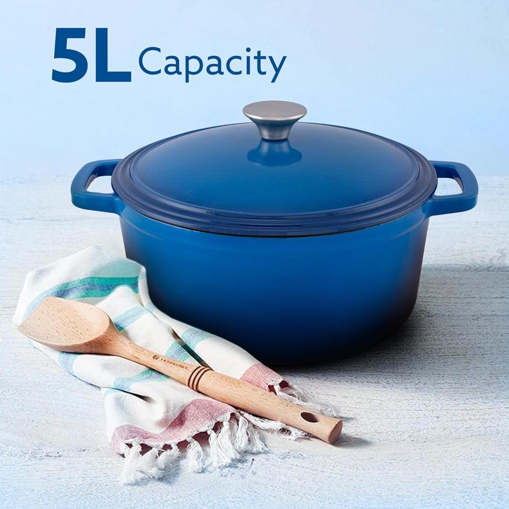 AGARO Royal Enamelled Cast Iron Casserole with Lid, Cooking Pot, No Chemical Coating, Fast Heat, Heavy Weight, Gas, Induction Oven Compatible, for Meat, Dal, Curry, Biryani, Pulao, Blue, 5 Liters 34265