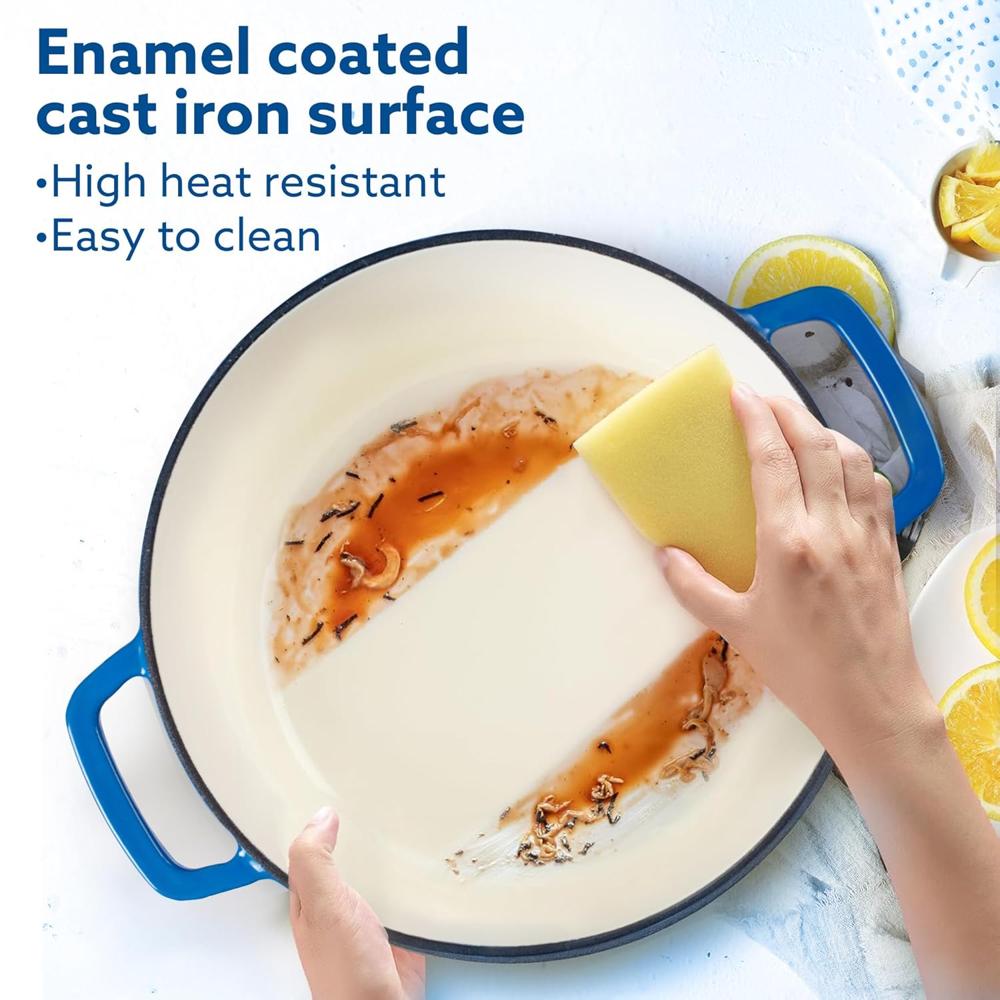 AGARO Royal Enamelled Cast Iron Casserole with Lid, Cooking Pot, No Chemical Coating, Fast Heat, Heavy Weight, Gas, Induction Oven Compatible, for Meat, Dal, Curry, Biryani, Pulao, Blue, 5 Liters 34265