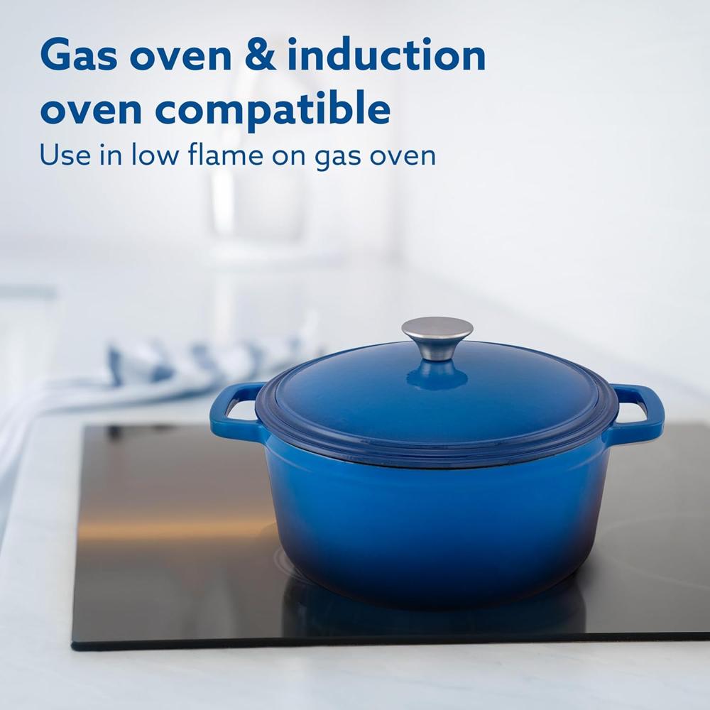 AGARO Royal Enamelled Cast Iron Casserole with Lid, Cooking Pot, No Chemical Coating, Fast Heat, Heavy Weight, Gas, Induction Oven Compatible, for Meat, Dal, Curry, Biryani, Pulao, Blue, 5 Liters 34265