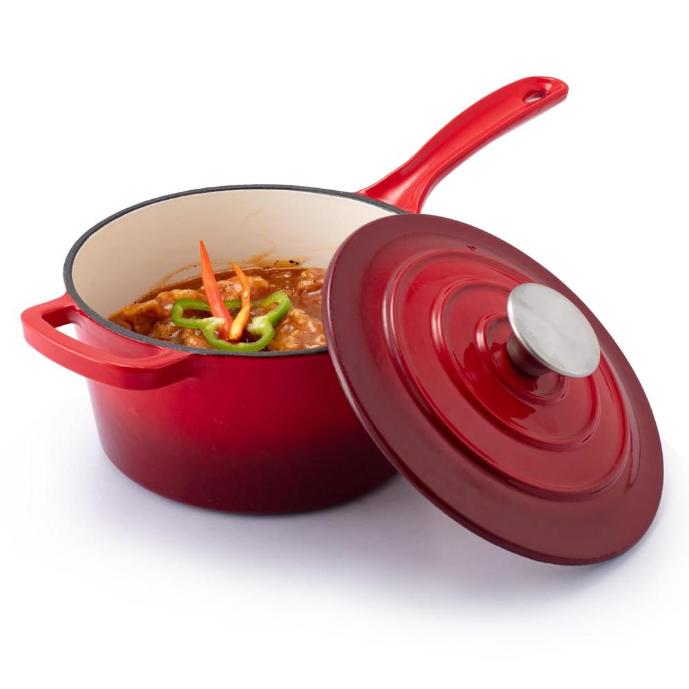 AGARO Royal Enamelled Cast Iron Sauce Pan with Lid, 19 Cm Diameter, 1.9 Liter Capacity, No Chemical Coating, Heavy Bottom, Fast Heating, Gas & Induction Oven Compatible, Milk/Tea Pan, Boiling, Red 34266