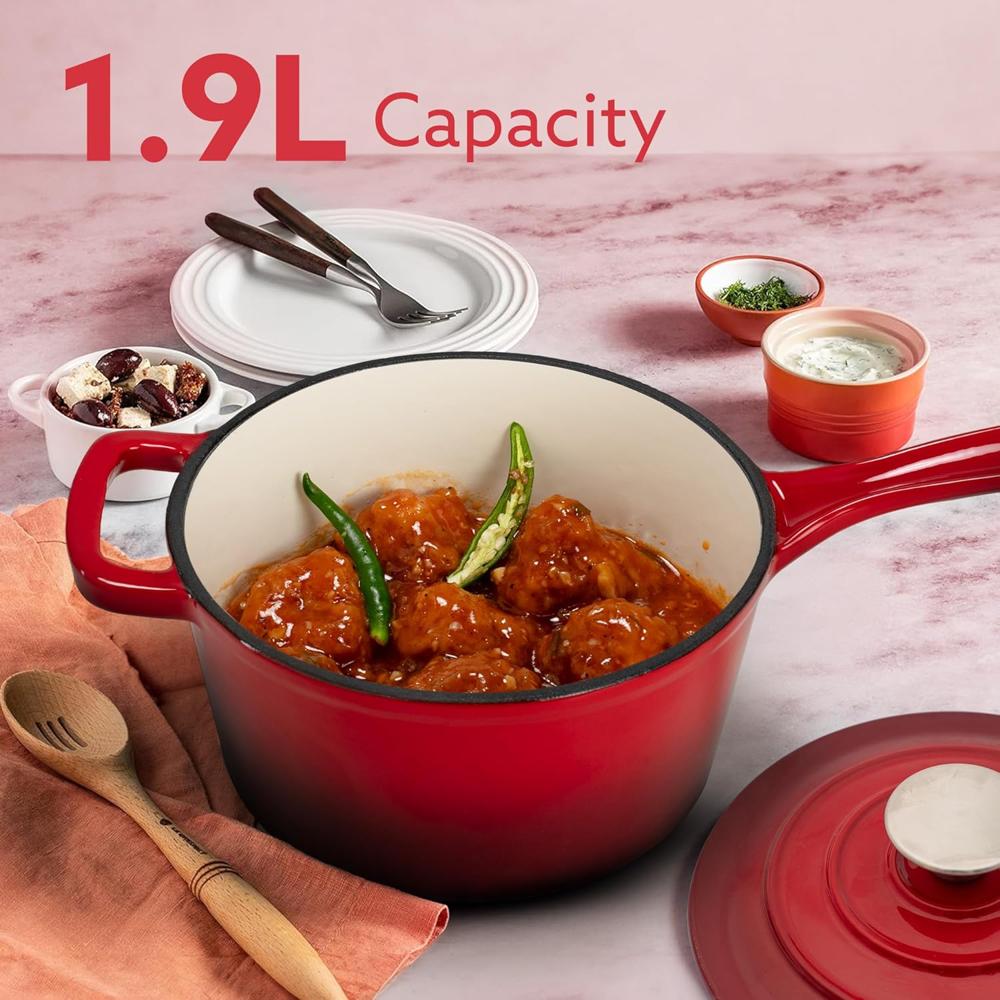 AGARO Royal Enamelled Cast Iron Sauce Pan with Lid, 19 Cm Diameter, 1.9 Liter Capacity, No Chemical Coating, Heavy Bottom, Fast Heating, Gas & Induction Oven Compatible, Milk/Tea Pan, Boiling, Red 34266