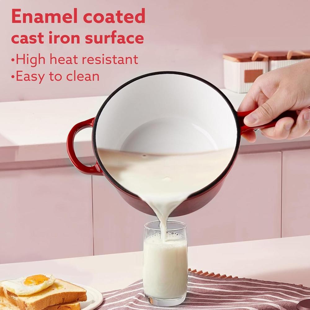 AGARO Royal Enamelled Cast Iron Sauce Pan with Lid, 19 Cm Diameter, 1.9 Liter Capacity, No Chemical Coating, Heavy Bottom, Fast Heating, Gas & Induction Oven Compatible, Milk/Tea Pan, Boiling, Red 34266
