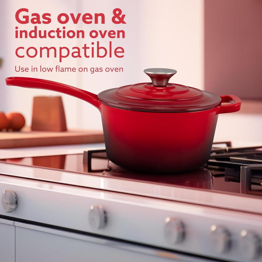 AGARO Royal Enamelled Cast Iron Sauce Pan with Lid, 19 Cm Diameter, 1.9 Liter Capacity, No Chemical Coating, Heavy Bottom, Fast Heating, Gas & Induction Oven Compatible, Milk/Tea Pan, Boiling, Red 34266
