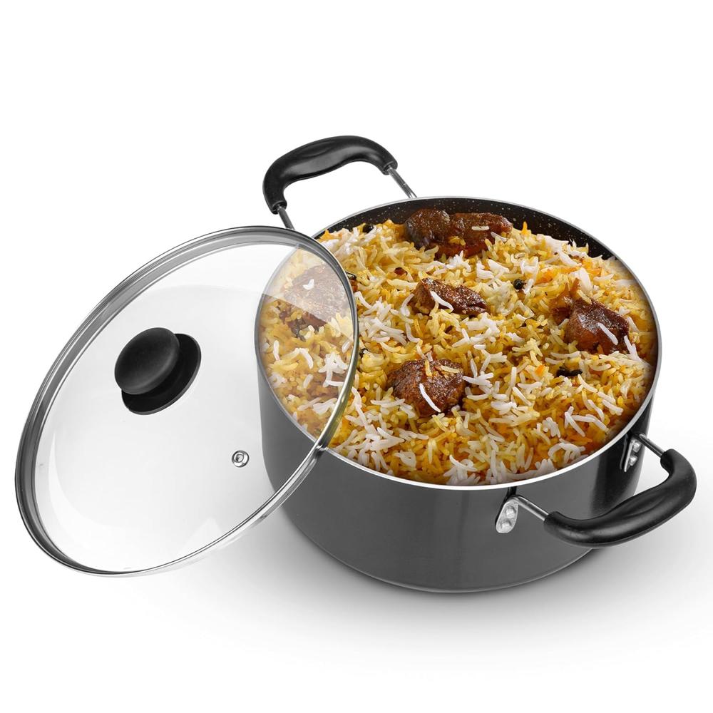 Agaro Elegant Non Stick Biryani Pot With Glass Lid, 26 Cm Diameter, 5.5 Liter Capacity, Non Stick Coated Aluminium Pot, Side Handle, Gas & Induction Oven Compatible, Biriyani, Pulao, Rice 34289 - Color: Black