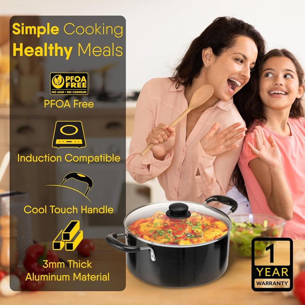 AGARO Elegant Non Stick Biryani Pot with Glass Lid, 26 cm Diameter, 5.5 Liter Capacity, Non Stick Coated Aluminium Pot, Side Handle, Gas & Induction Oven Compatible, Biriyani, Pulao, Rice 34289