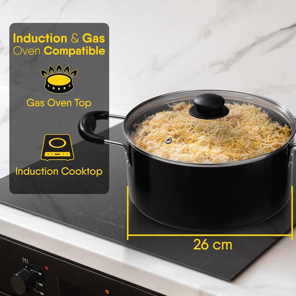 AGARO Elegant Non Stick Biryani Pot with Glass Lid, 26 cm Diameter, 5.5 Liter Capacity, Non Stick Coated Aluminium Pot, Side Handle, Gas & Induction Oven Compatible, Biriyani, Pulao, Rice 34289