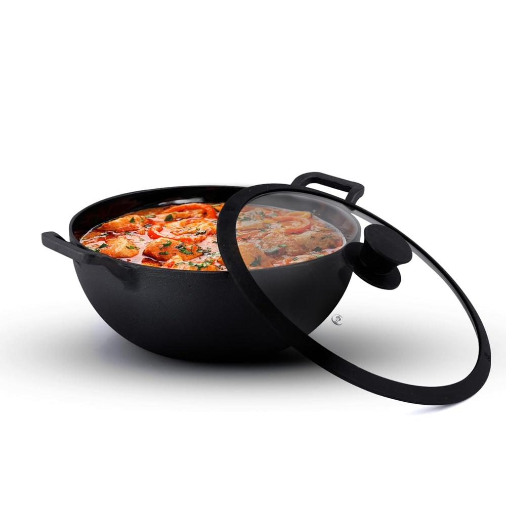 AGARO Royal Pre Seasoned Cast Iron Kadai with Glass Lid, No Chemical Coating, Rigid Iron Handle, 4.3L, Uni-Body Design, Fast Heating, Heavy Weight, Gas & Induction Oven Compatible, Cooking  34267