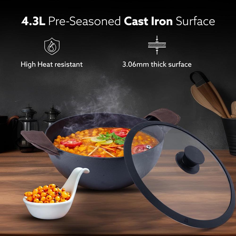 AGARO Royal Pre Seasoned Cast Iron Kadai with Glass Lid, No Chemical Coating, Rigid Iron Handle, 4.3L, Uni-Body Design, Fast Heating, Heavy Weight, Gas & Induction Oven Compatible, Cooking  34267