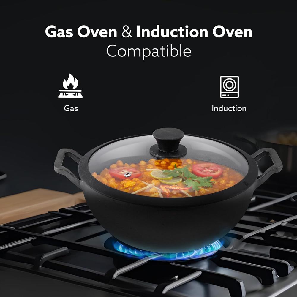 AGARO Royal Pre Seasoned Cast Iron Kadai with Glass Lid, No Chemical Coating, Rigid Iron Handle, 4.3L, Uni-Body Design, Fast Heating, Heavy Weight, Gas & Induction Oven Compatible, Cooking  34267