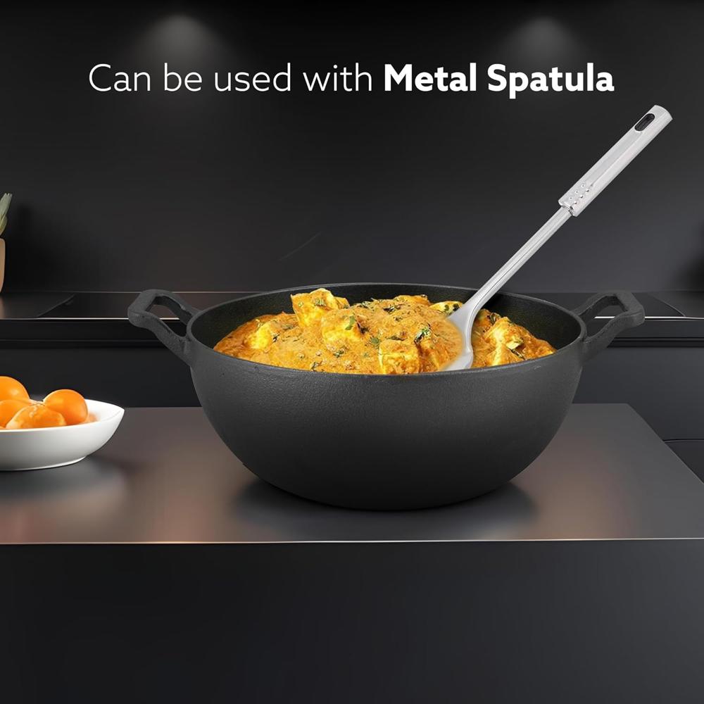 AGARO Royal Pre Seasoned Cast Iron Kadai with Glass Lid, No Chemical Coating, Rigid Iron Handle, 4.3L, Uni-Body Design, Fast Heating, Heavy Weight, Gas & Induction Oven Compatible, Cooking  34267