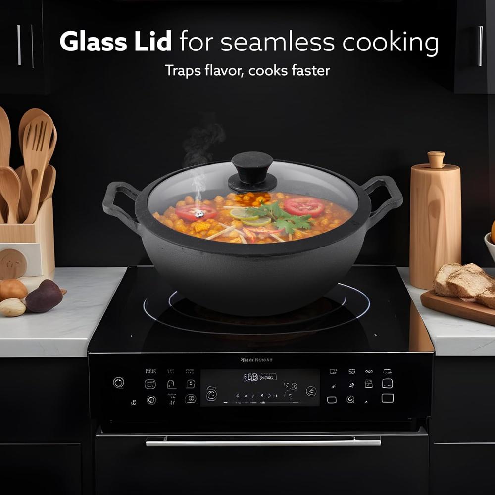 AGARO Royal Pre Seasoned Cast Iron Kadai with Glass Lid, No Chemical Coating, Rigid Iron Handle, 4.3L, Uni-Body Design, Fast Heating, Heavy Weight, Gas & Induction Oven Compatible, Cooking  34267