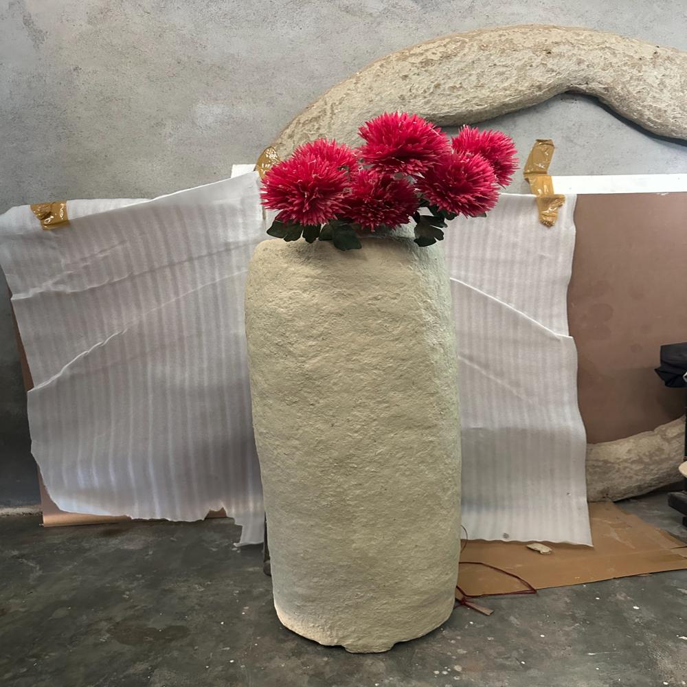 Paper Mache Vase - Tall Cylindrical, Beige Off-white, Matte Natural Texture, Handcrafted Eco-friendly