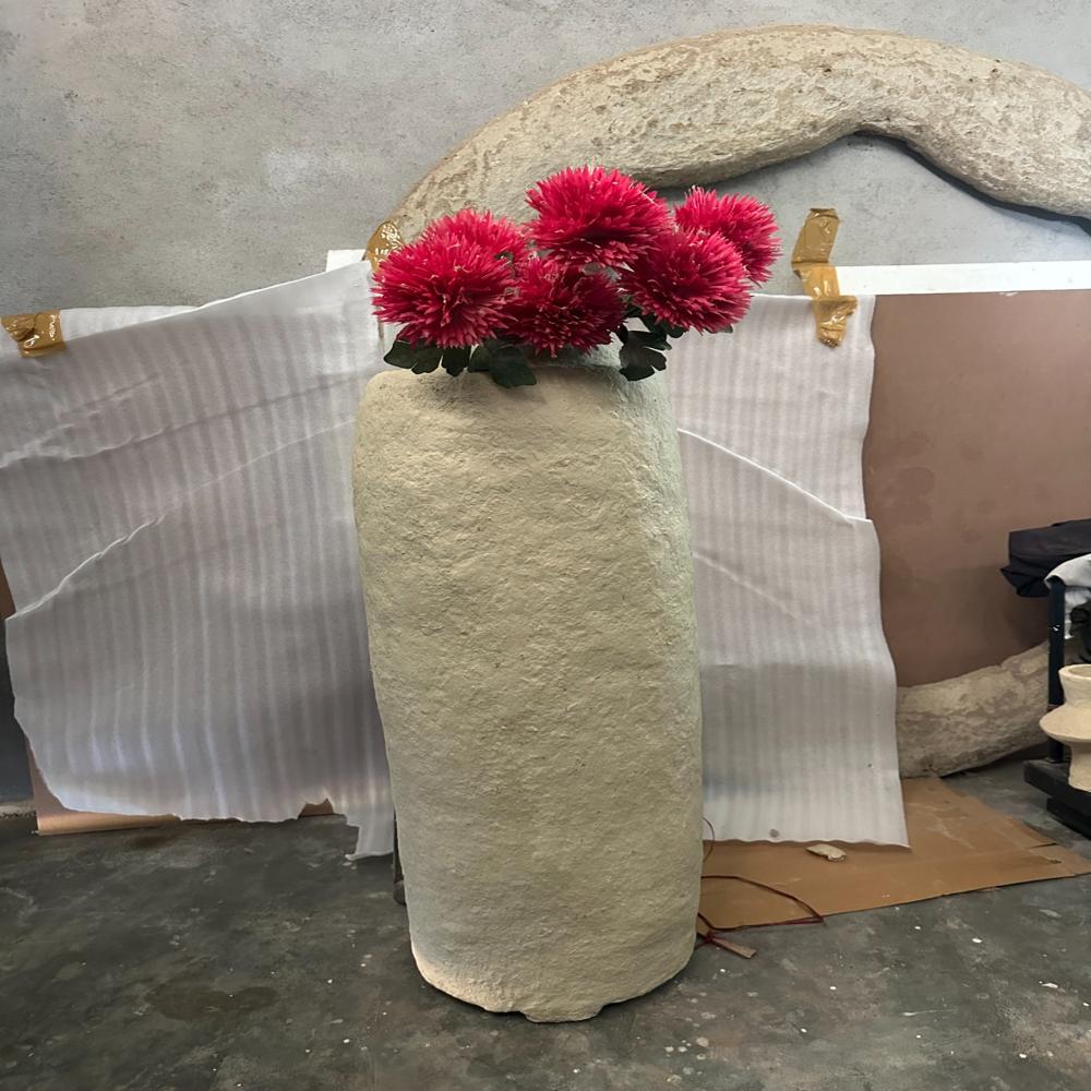 Paper Mache Vase - Tall Cylindrical, Beige Off-white, Matte Natural Texture, Handcrafted Eco-friendly