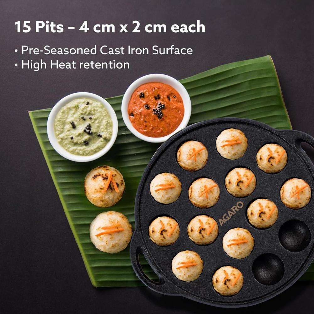 AGARO Royal Pre-Seasoned Cast Iron Paniyaram Pan, 15 pits (4cm x 2cm Each), No Chemical Coating, Rigid Handle, Fast Heating, Gas Oven Compatible, Appe, Gunta Ponganalu, Paddu, Kuzhi & Litti 34268