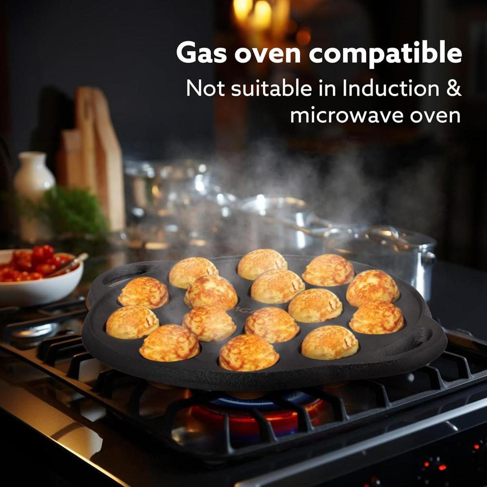 AGARO Royal Pre-Seasoned Cast Iron Paniyaram Pan, 15 pits (4cm x 2cm Each), No Chemical Coating, Rigid Handle, Fast Heating, Gas Oven Compatible, Appe, Gunta Ponganalu, Paddu, Kuzhi & Litti 34268