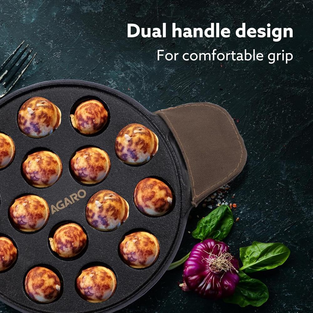 AGARO Royal Pre-Seasoned Cast Iron Paniyaram Pan, 15 pits (4cm x 2cm Each), No Chemical Coating, Rigid Handle, Fast Heating, Gas Oven Compatible, Appe, Gunta Ponganalu, Paddu, Kuzhi & Litti 34268