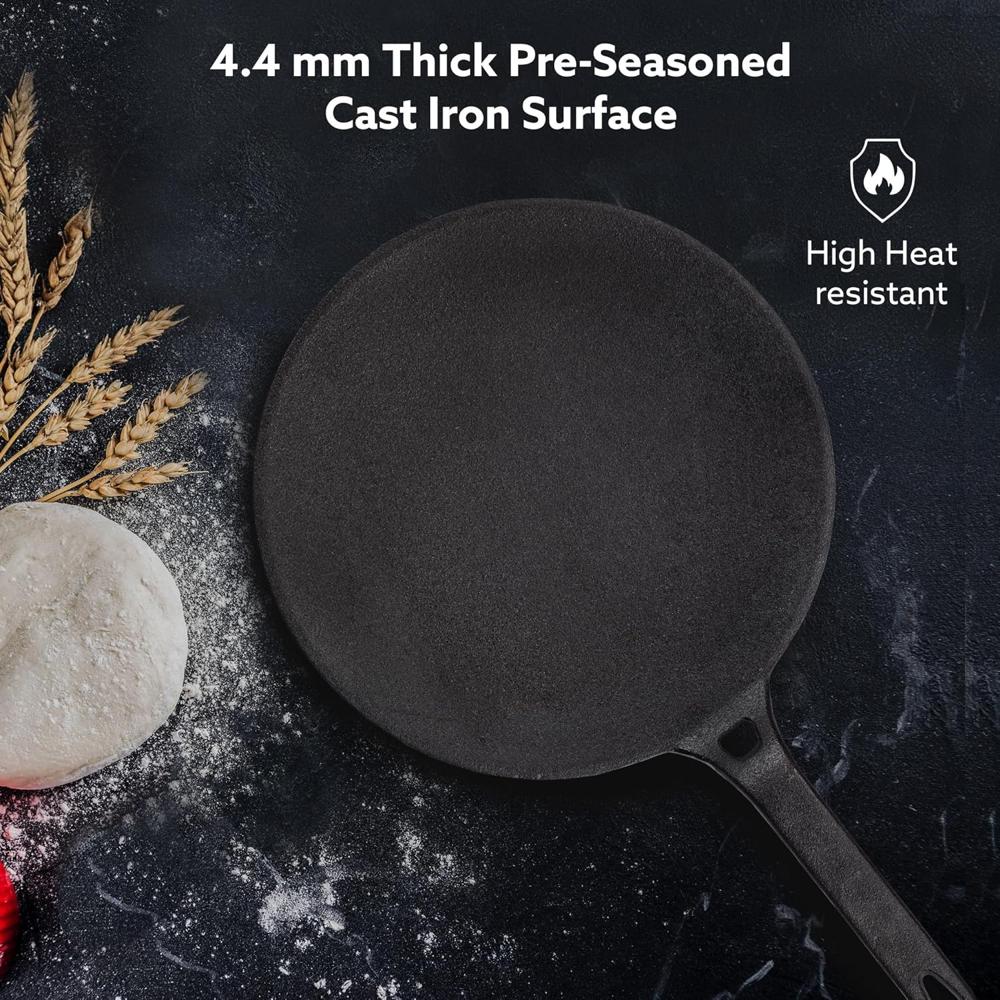 AGARO Royal Pre Seasoned Cast Iron Tawa, 26 CM Diameter, No Chemical Coating, Long Rigid Handle, Fast Heating |Induction & Gas Stove Compatible  34269