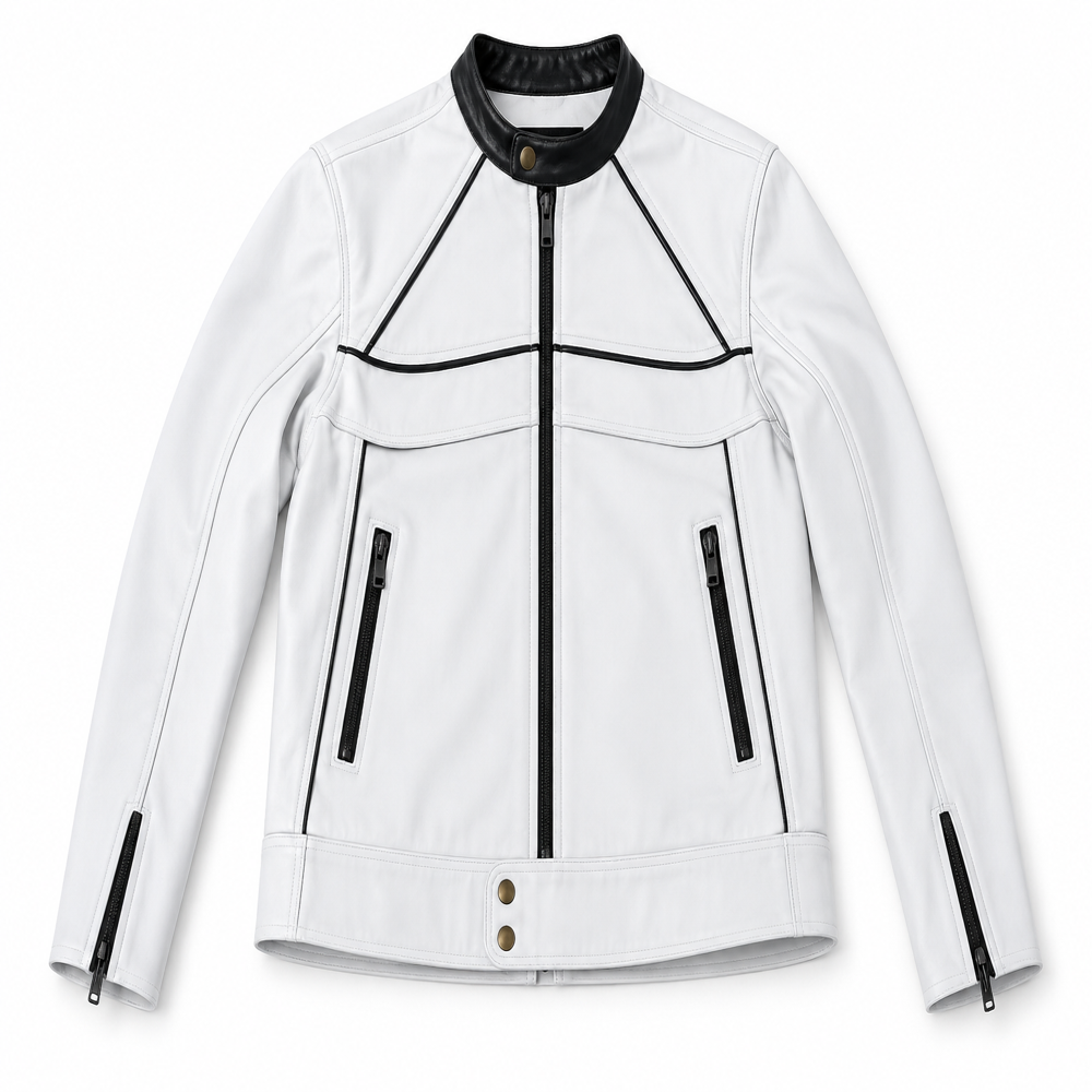 Mens Genuine Leather White Biker Jacket
