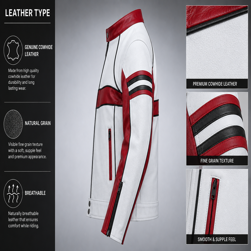 Mens White And Red Leather Racer Jacket
