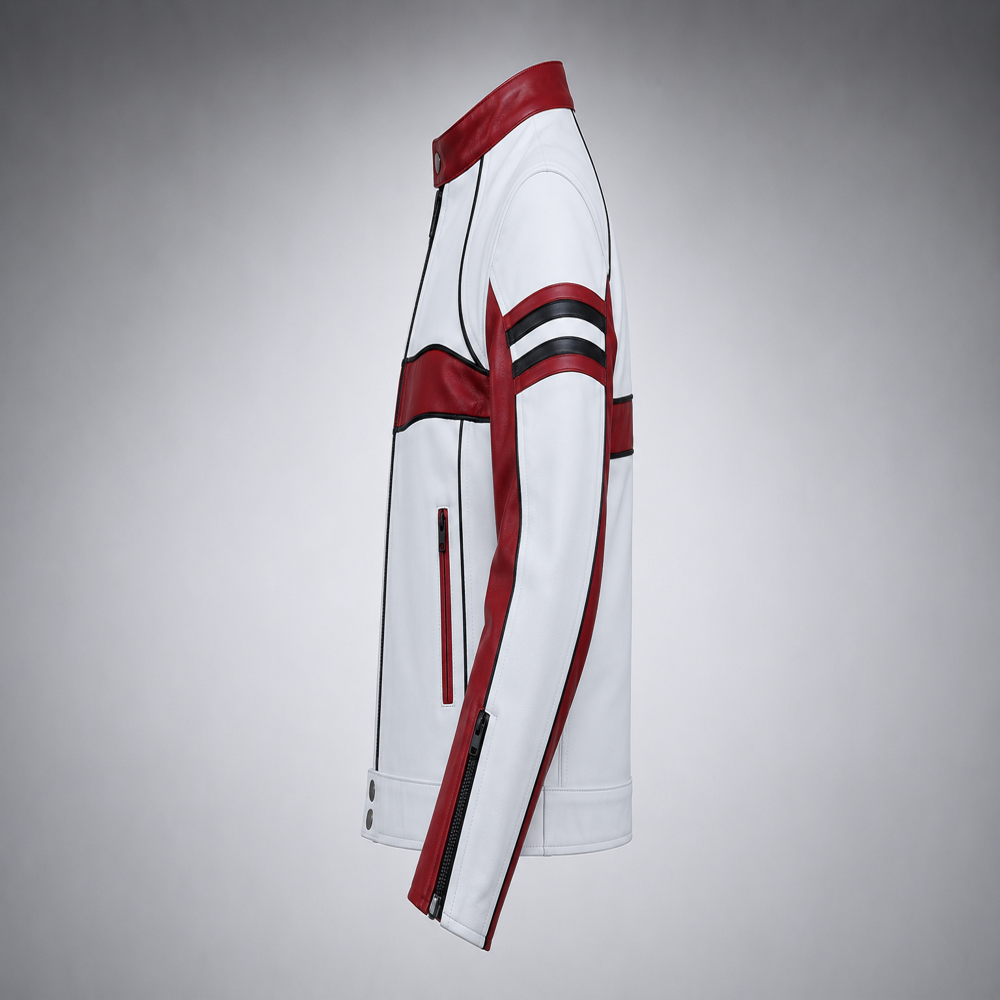 Mens White And Red Leather Racer Jacket