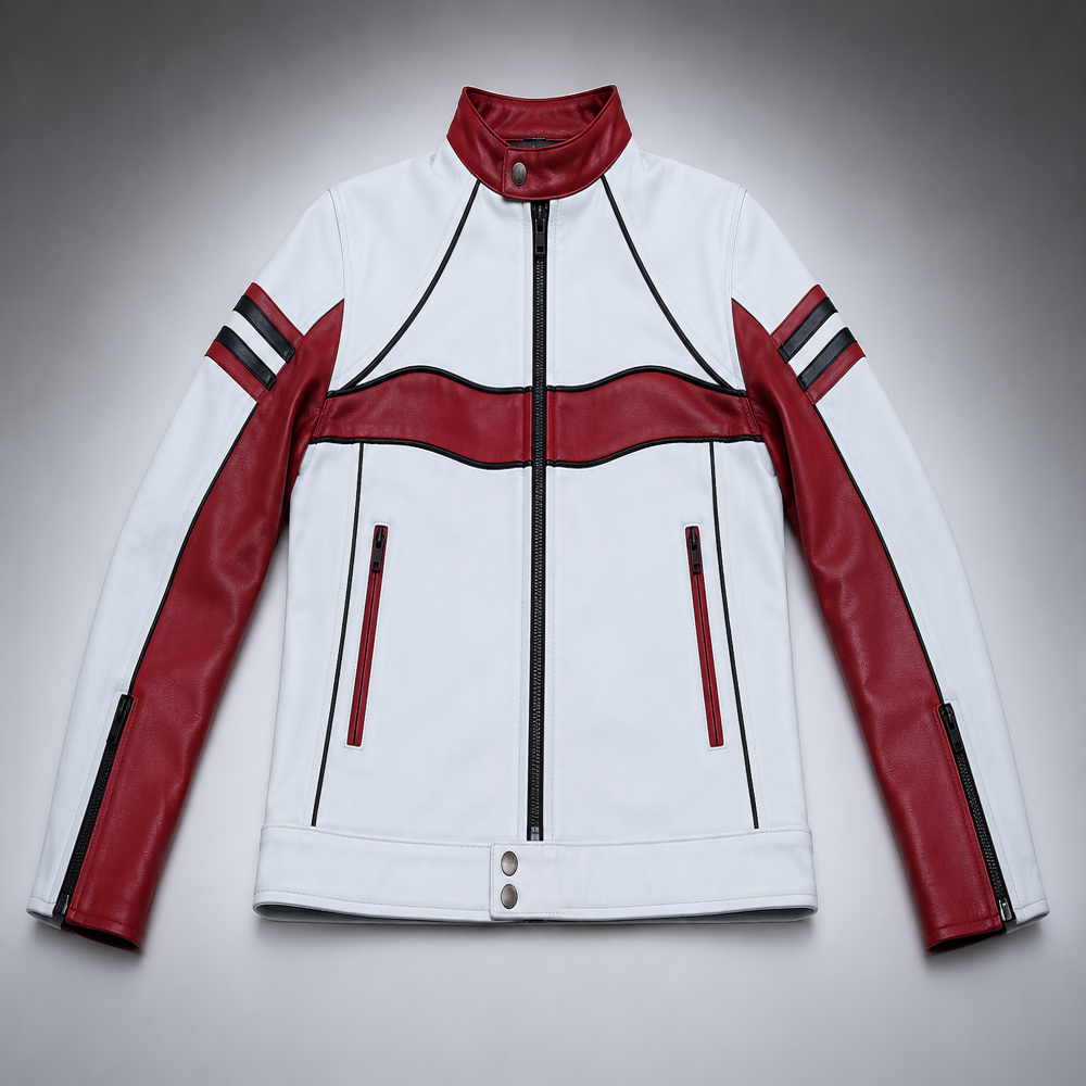 Mens White And Red Leather Racer Jacket
