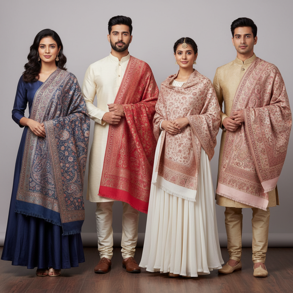 Poly Wool Jamawar Shawls - Color: Assortted