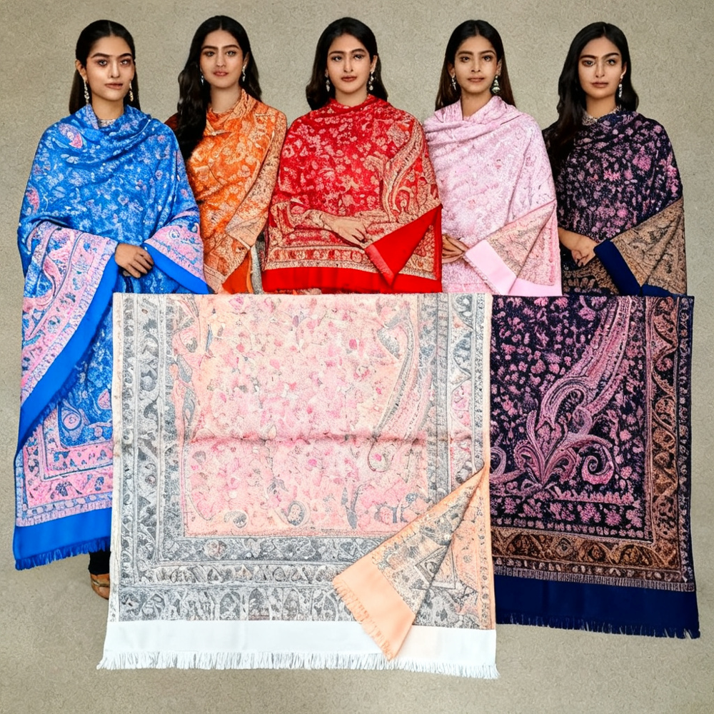 Poly Wool Jamawar Shawls - Color: Assortted