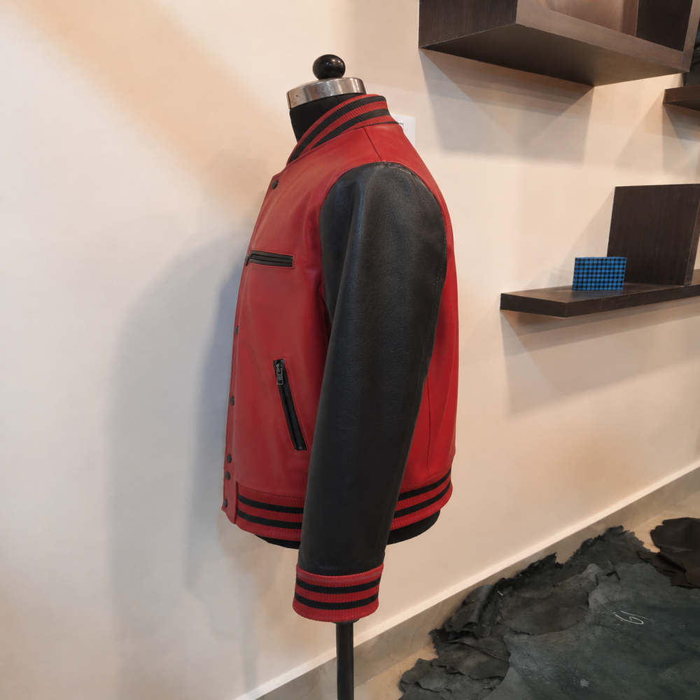 Red And Black Faux Leather Varsity Jacket