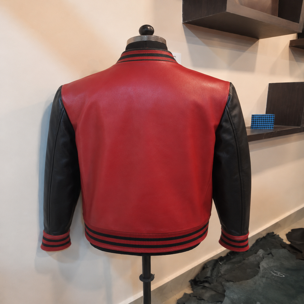 Red And Black Faux Leather Varsity Jacket