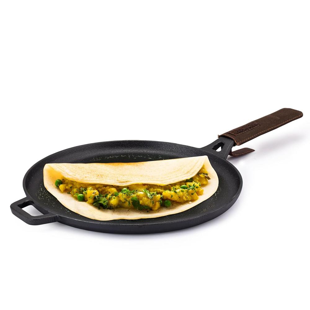 AGARO Royal Pre Seasoned Cast Iron Tawa, 28 Cm Diameter, No Chemical Coating, Long Rigid Handle, Fast Heating, Heavy Weight, Gas & Induction Oven Compatible, Roti, Omlette Maker, Black 34270