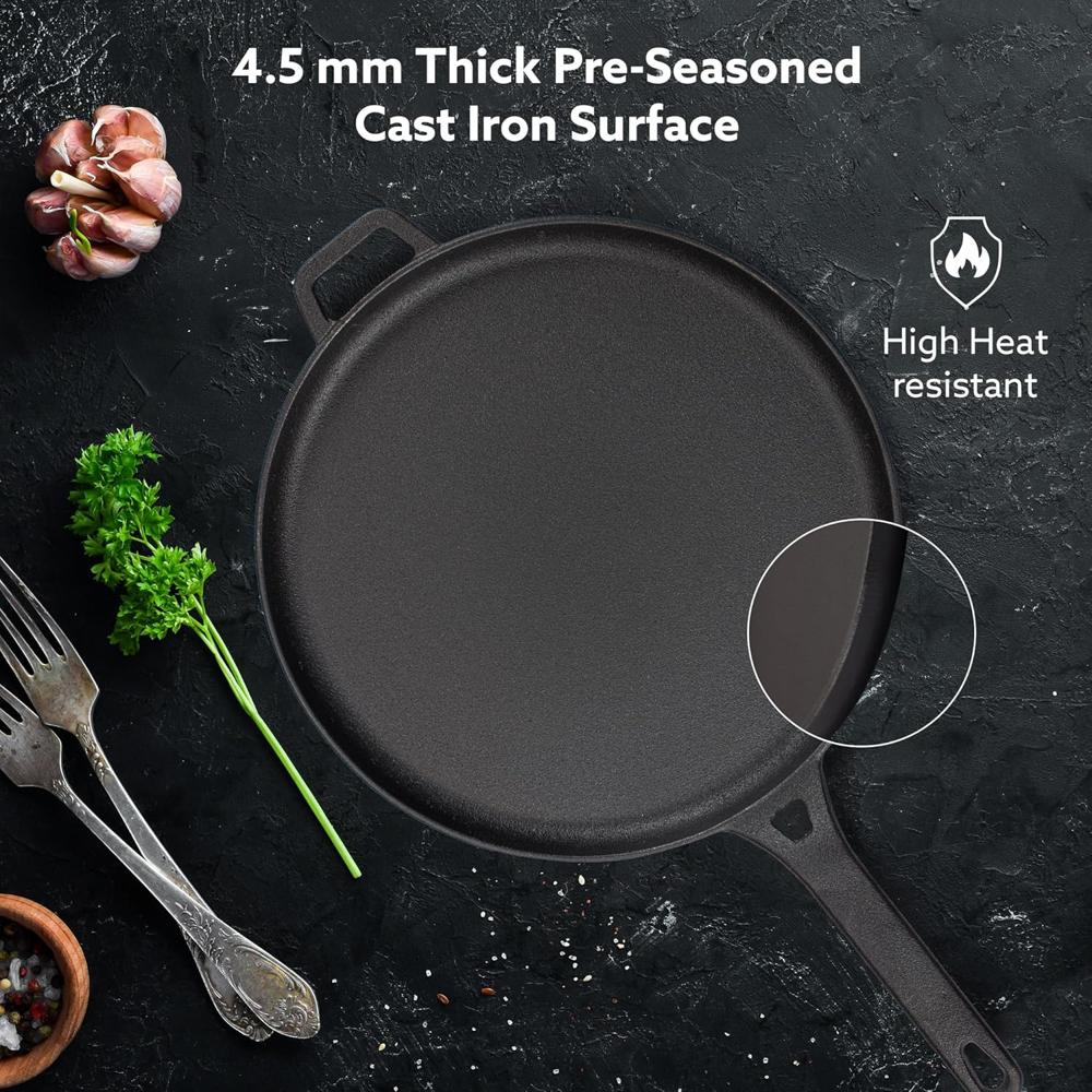 AGARO Royal Pre Seasoned Cast Iron Tawa, 28 Cm Diameter, No Chemical Coating, Long Rigid Handle, Fast Heating, Heavy Weight, Gas & Induction Oven Compatible, Roti, Omlette Maker, Black 34270