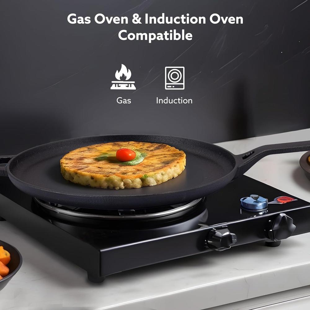 AGARO Royal Pre Seasoned Cast Iron Tawa, 28 Cm Diameter, No Chemical Coating, Long Rigid Handle, Fast Heating, Heavy Weight, Gas & Induction Oven Compatible, Roti, Omlette Maker, Black 34270