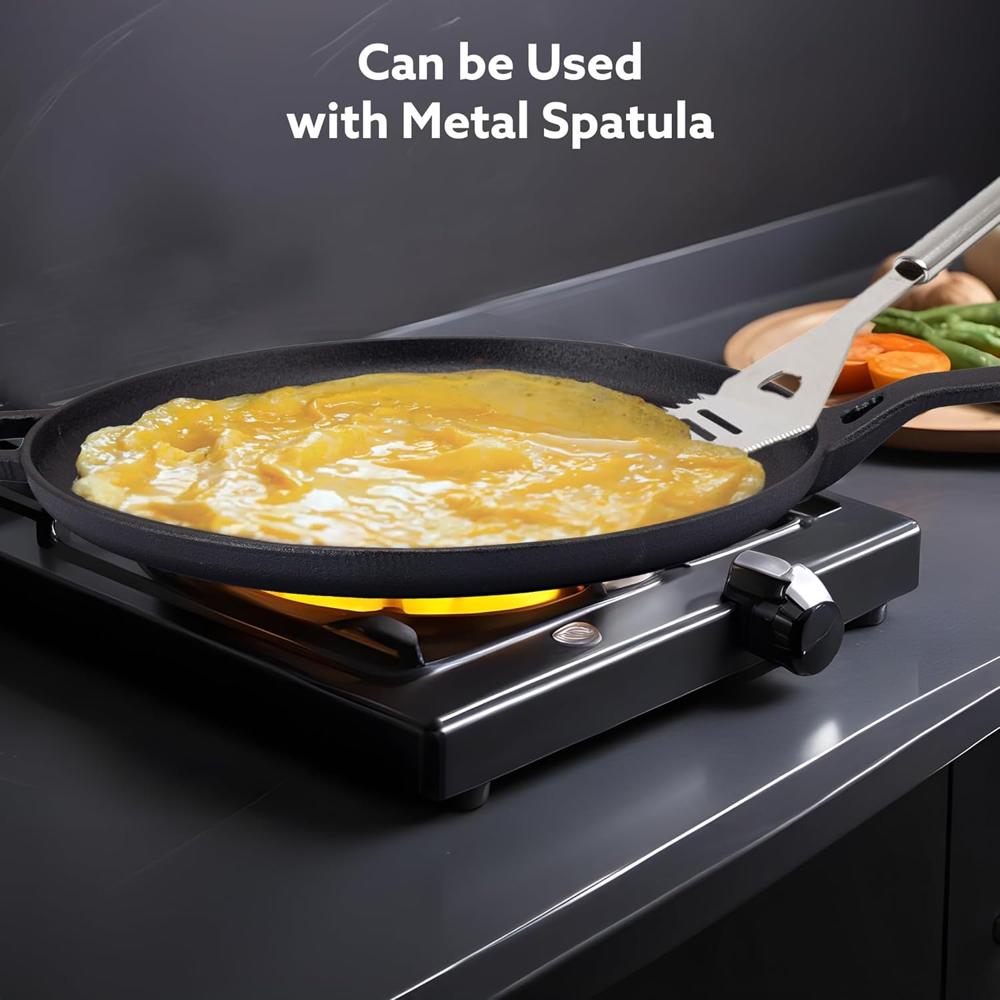 AGARO Royal Pre Seasoned Cast Iron Tawa, 28 Cm Diameter, No Chemical Coating, Long Rigid Handle, Fast Heating, Heavy Weight, Gas & Induction Oven Compatible, Roti, Omlette Maker, Black 34270