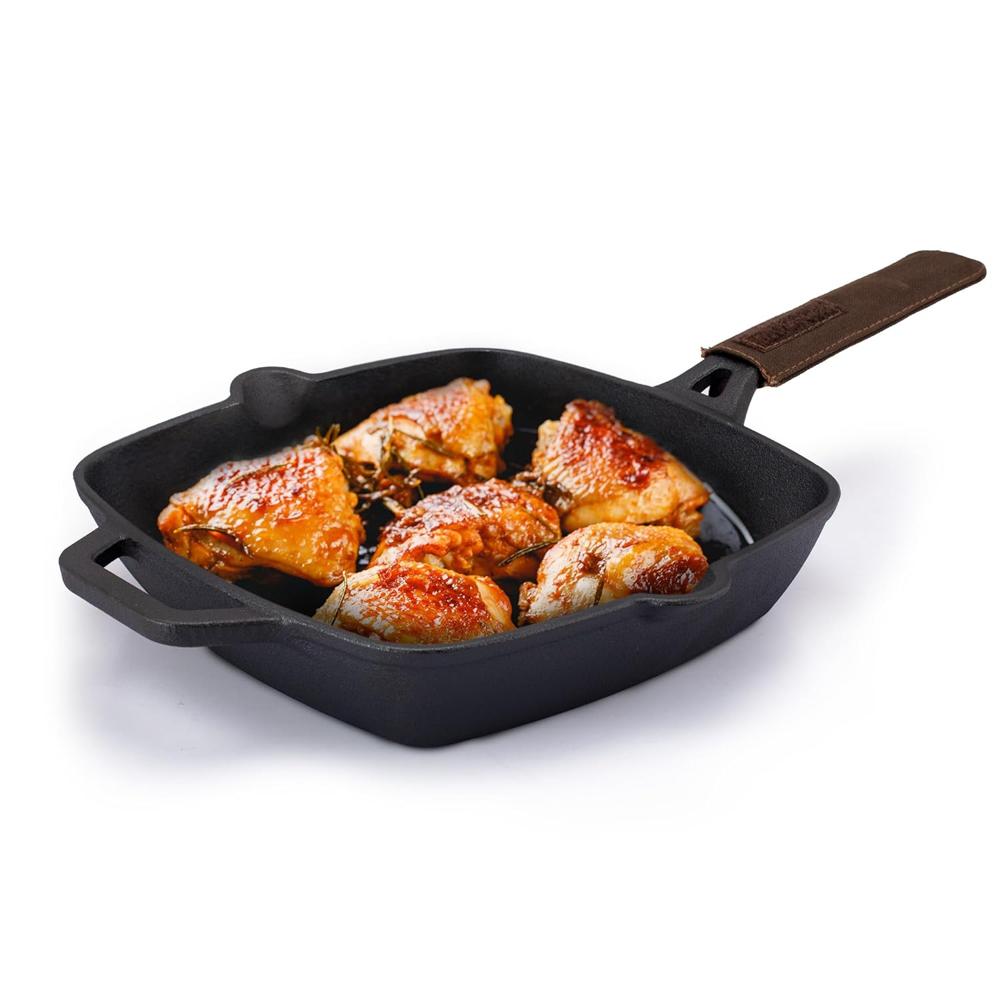 Agaro Royal Pre Seasoned Cast Iron Grill Pan, 24cm Diameter, 1.9l, No Chemical Coating, Rigid Handles, Fast Heating, Heavy Weight, Gas Oven & Induction Compatible, Frying, Cooking 34273 - Capacity: 1.9 Ltr