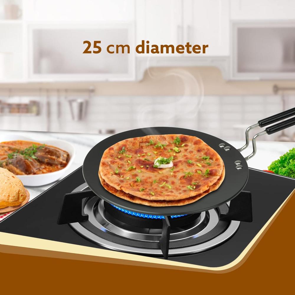 AGARO Elite Hard Anodised Tawa for Kitchen, 25 cm Diameter Tawa for Roti, Chapati, Paratha, Riveted Handle, 4 mm Thick Base for Uniform Heating, Gas Oven Compatible, Cooking, Cookware 33973