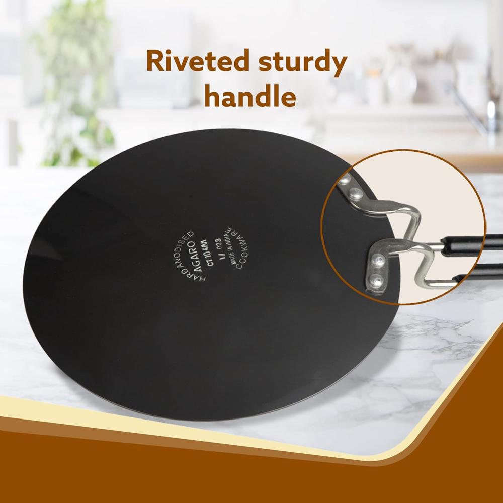AGARO Elite Hard Anodised Tawa for Kitchen, 25 cm Diameter Tawa for Roti, Chapati, Paratha, Riveted Handle, 4 mm Thick Base for Uniform Heating, Gas Oven Compatible, Cooking, Cookware 33973