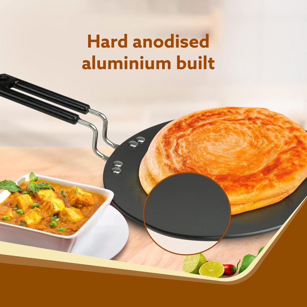 AGARO Elite Hard Anodised Tawa for Kitchen, 28 cm Diameter Tawa for Roti, Chapati, Paratha, Riveted Handle, 4 mm Thick Base for Uniform Heating, Gas Oven Compatible, Cooking, Cookware  33974