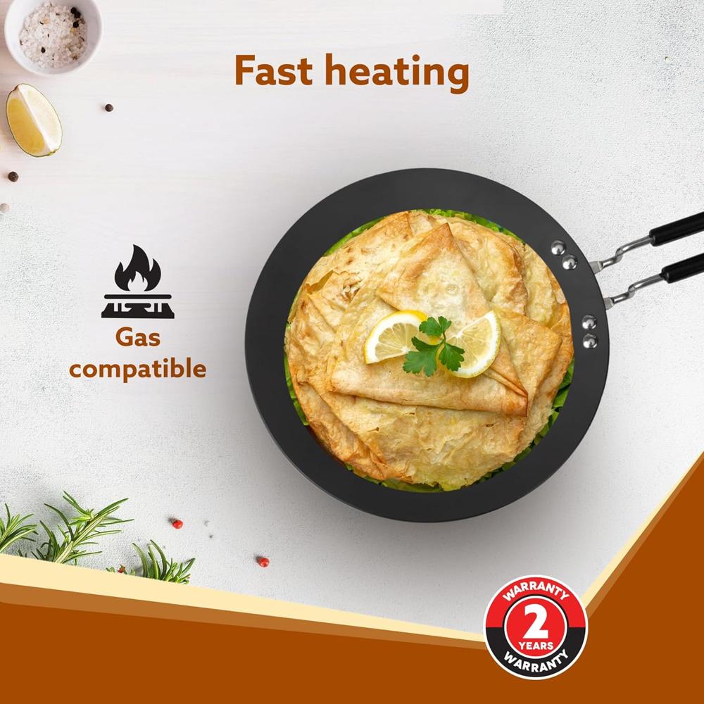 AGARO Elite Hard Anodised Tawa for Kitchen, 28 cm Diameter Tawa for Roti, Chapati, Paratha, Riveted Handle, 4 mm Thick Base for Uniform Heating, Gas Oven Compatible, Cooking, Cookware  33974