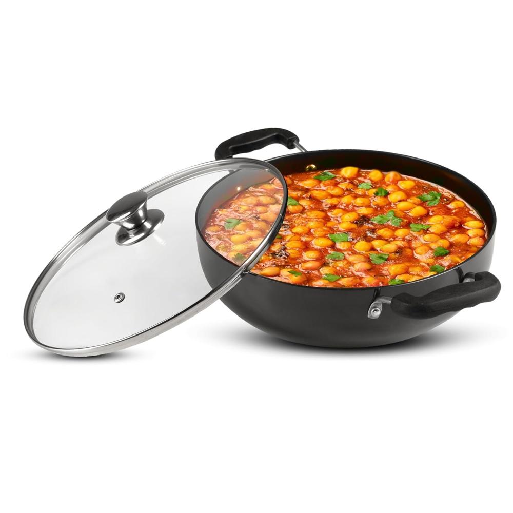 Agaro Elite Hard Anodised Kadhai With Glass Lid, 2.5l Capacity, 24 Cm Diameter, Gas Oven Compatible, Riveted Handle, 3mm Thick Plate, Cooking, Frying, Serving 33976 - Capacity: 2.5 Ltr