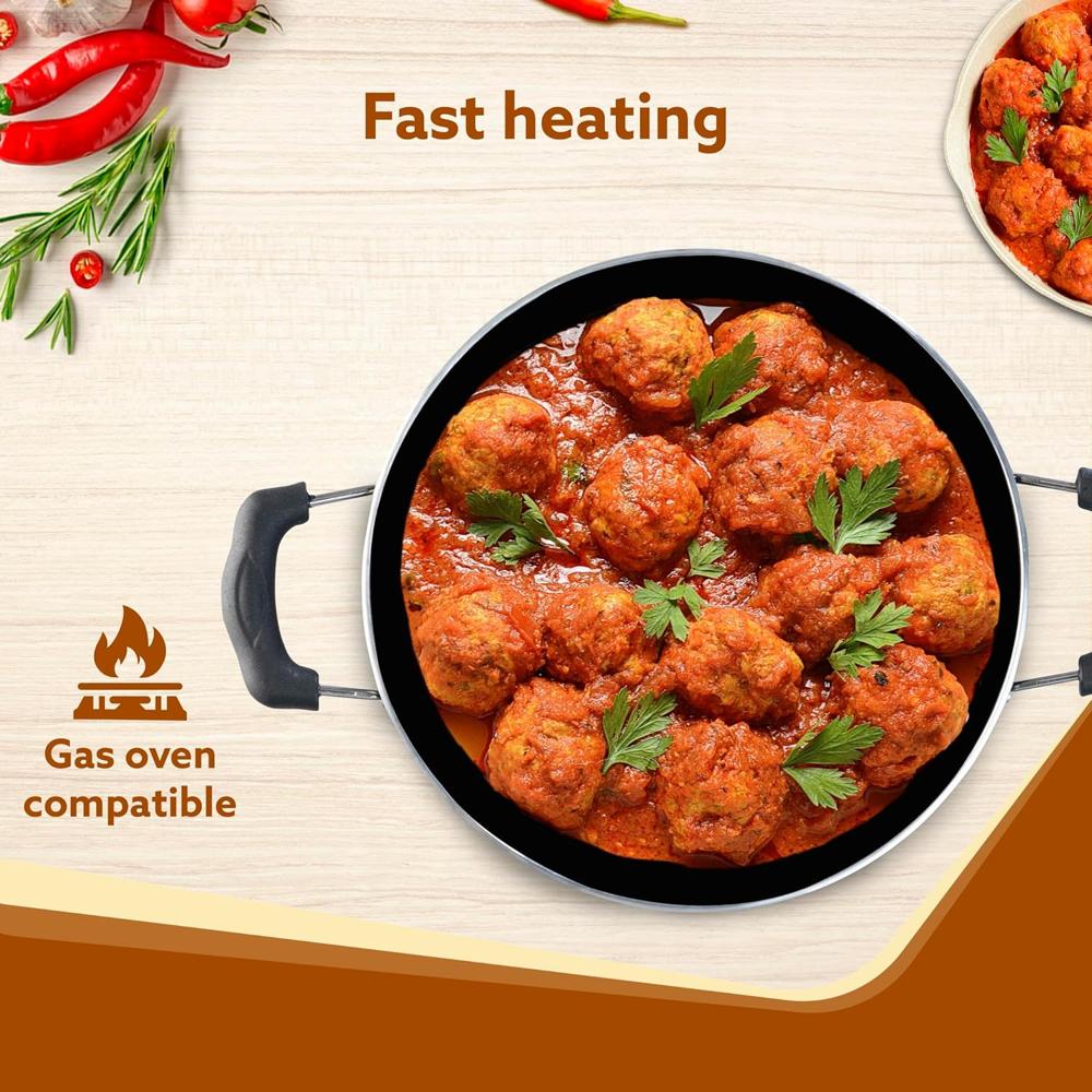 AGARO Elite Hard Anodised Kadhai with Glass Lid, 2.5L Capacity, 24 cm Diameter, Gas Oven Compatible, Riveted Handle, 3mm Thick Plate, Cooking, Frying, Serving 33976