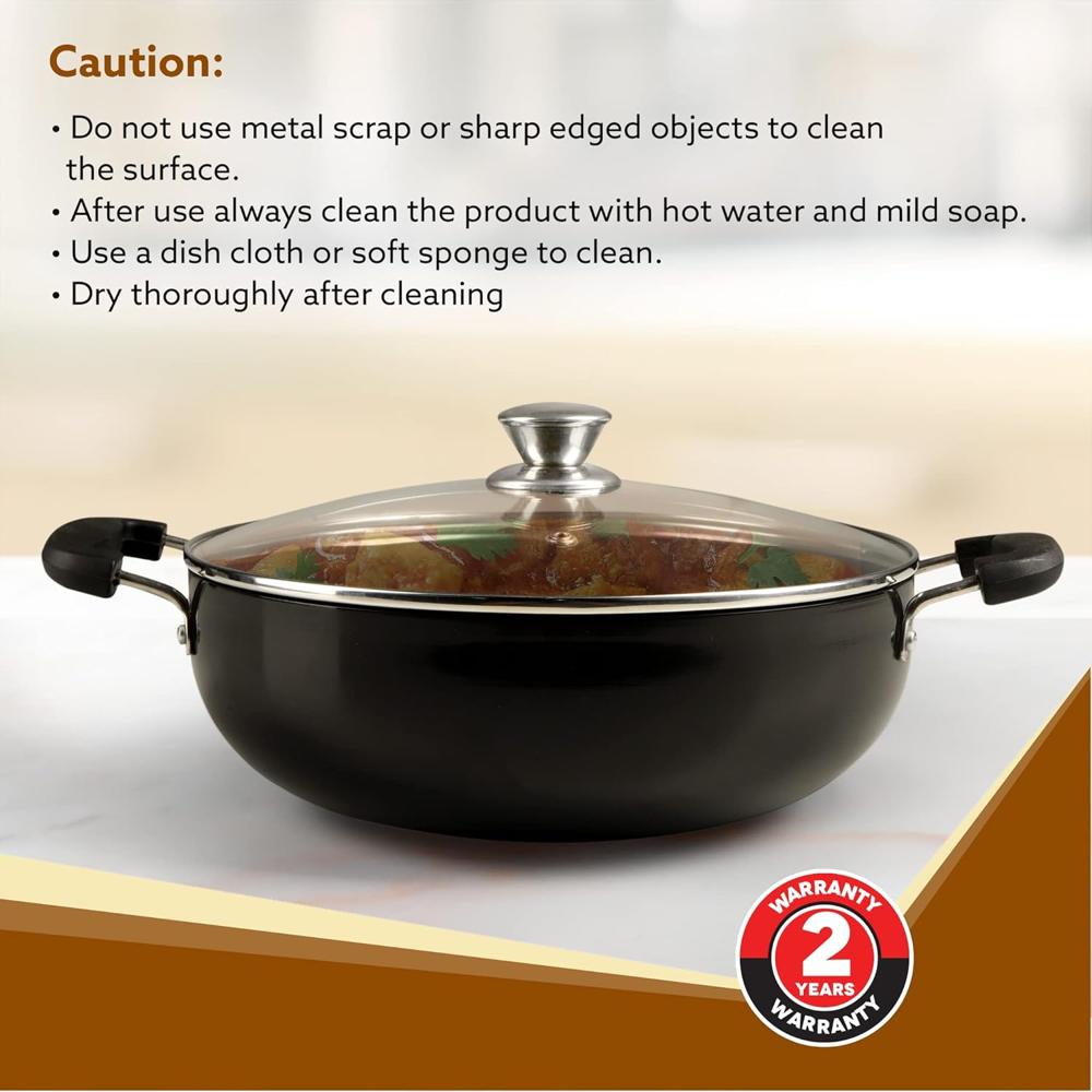 AGARO Elite Hard Anodised Kadhai with Glass Lid, 2.5L Capacity, 24 cm Diameter, Gas Oven Compatible, Riveted Handle, 3mm Thick Plate, Cooking, Frying, Serving 33976