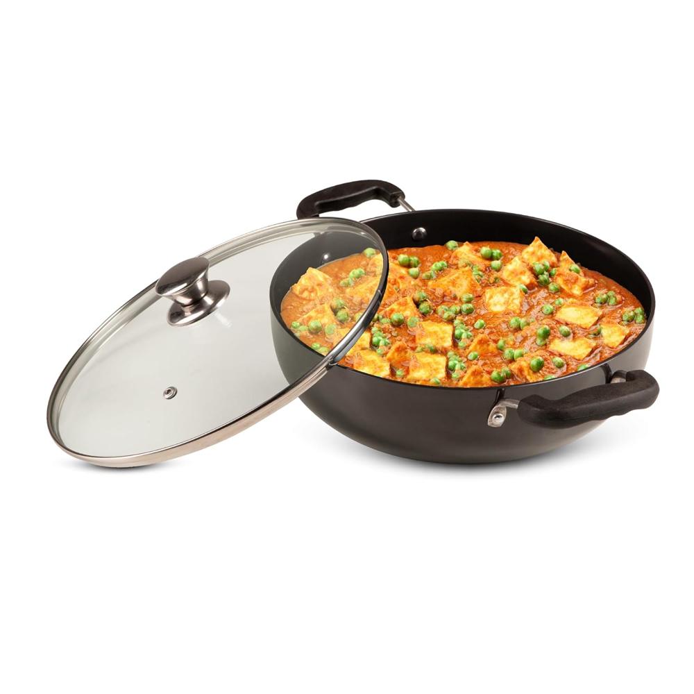 AGARO Elite Hard Anodised Kadhai with Glass Lid, 2.7 L Capacity, 28 cm Diameter, Gas Oven Compatible, Riveted Handle, 3mm Thick Plate, Cooking, Frying, Serving 33977