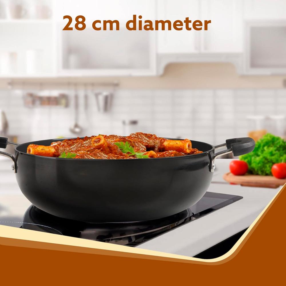 AGARO Elite Hard Anodised Kadhai with Glass Lid, 2.7 L Capacity, 28 cm Diameter, Gas Oven Compatible, Riveted Handle, 3mm Thick Plate, Cooking, Frying, Serving 33977