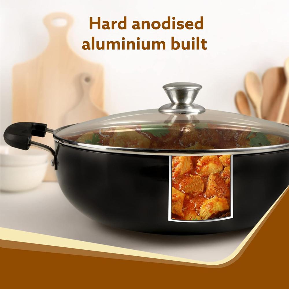 AGARO Elite Hard Anodised Kadhai with Glass Lid, 2.7 L Capacity, 28 cm Diameter, Gas Oven Compatible, Riveted Handle, 3mm Thick Plate, Cooking, Frying, Serving 33977