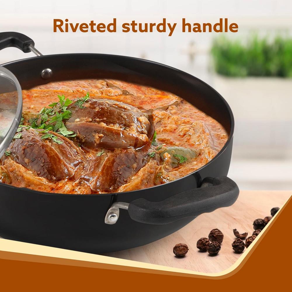 AGARO Elite Hard Anodised Kadhai with Glass Lid, 2.7 L Capacity, 28 cm Diameter, Gas Oven Compatible, Riveted Handle, 3mm Thick Plate, Cooking, Frying, Serving 33977